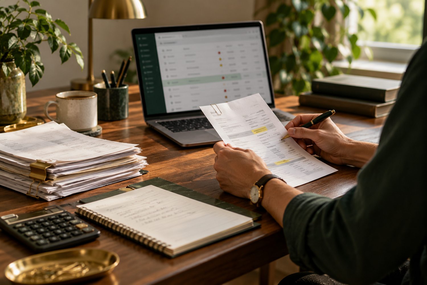 A finance professional reviewing invoices alongside an accounts workflow on a laptop