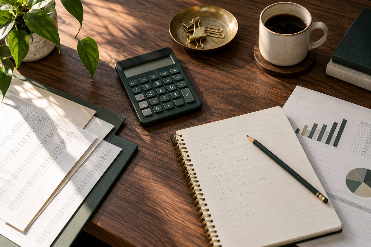 Calculator, notebook and financial reports on a working desk